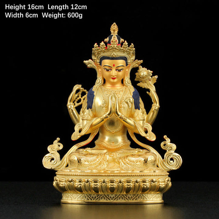 Buddha Stones Chenrezig Four-armed Avalokitesvara Protection Copper Gold Plated Statue Decoration - 5 Inch - image 1