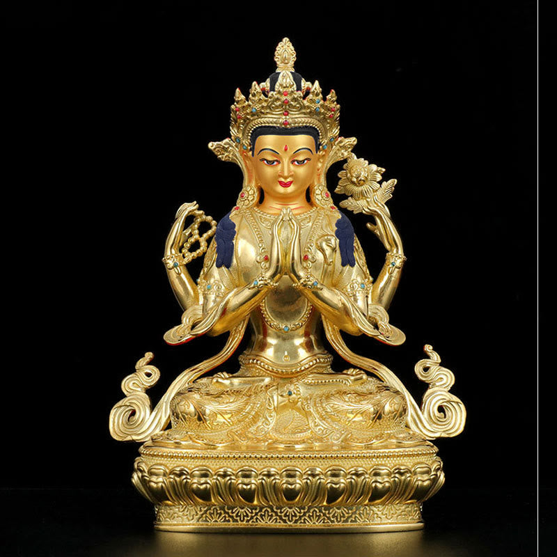 Buddha Stones Chenrezig Four-armed Avalokitesvara Protection Copper Gold Plated Statue Decoration - image 4