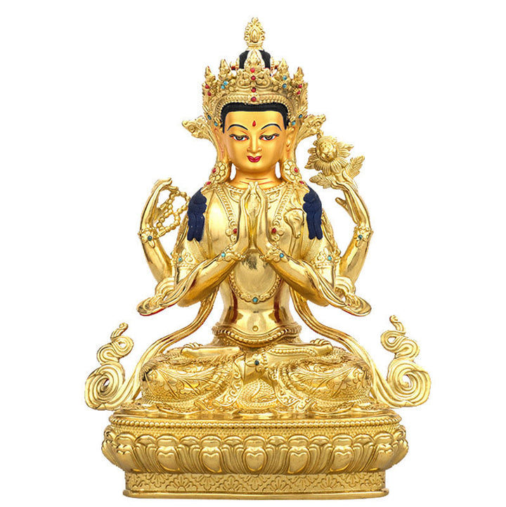 Buddha Stones Chenrezig Four-armed Avalokitesvara Protection Copper Gold Plated Statue Decoration - image 0