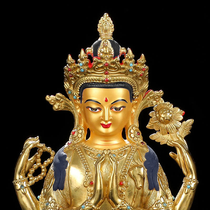 Buddha Stones Chenrezig Four-armed Avalokitesvara Protection Copper Gold Plated Statue Decoration - image 9