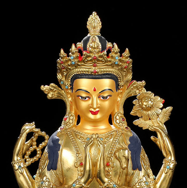 Buddha Stones Chenrezig Four-armed Avalokitesvara Protection Copper Gold Plated Statue Decoration - image 9
