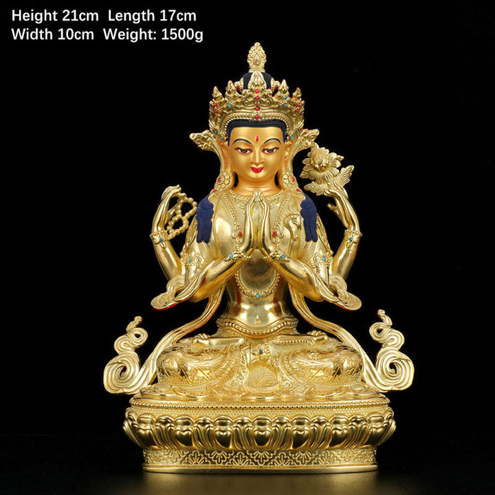 Buddha Stones Chenrezig Four-armed Avalokitesvara Protection Copper Gold Plated Statue Decoration - 7 Inch - image 2