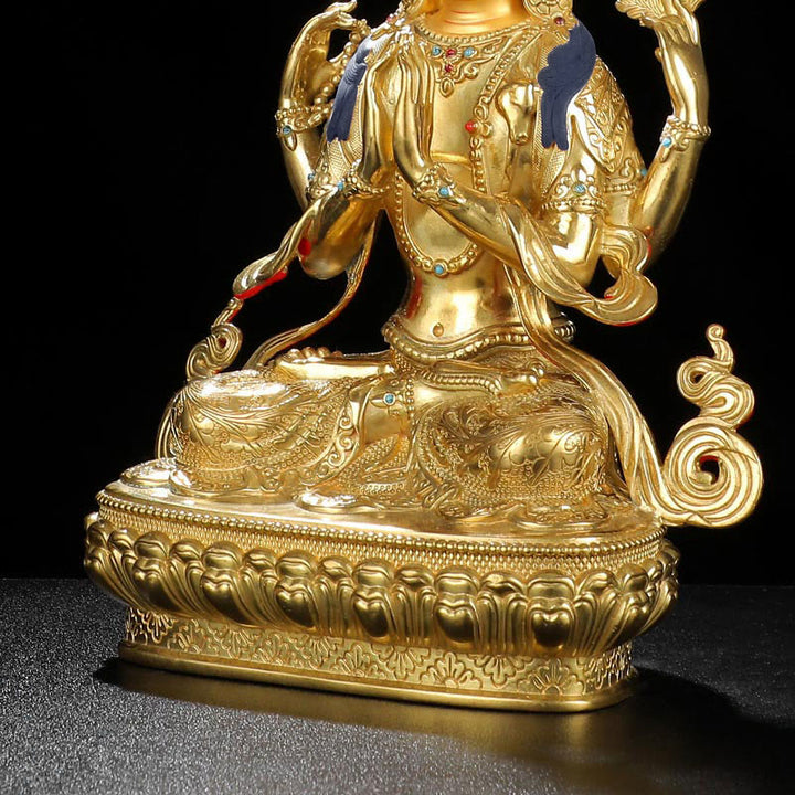 Buddha Stones Chenrezig Four-armed Avalokitesvara Protection Copper Gold Plated Statue Decoration - image 10