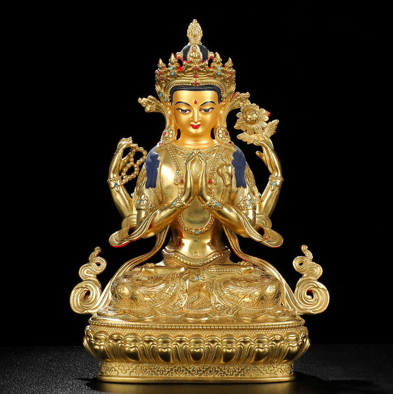 Buddha Stones Chenrezig Four-armed Avalokitesvara Protection Copper Gold Plated Statue Decoration - image 8