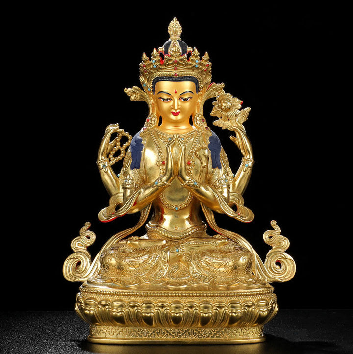 Buddha Stones Chenrezig Four-armed Avalokitesvara Protection Copper Gold Plated Statue Decoration - image 8