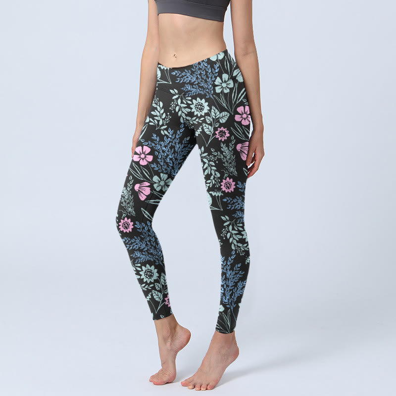 Buddha Stones Bold Color Contrast Flower Leaf Pattern Print Gym Leggings Women's Yoga Pants - Black - US18，UK/AU22，EU50 (4XL) - image 0