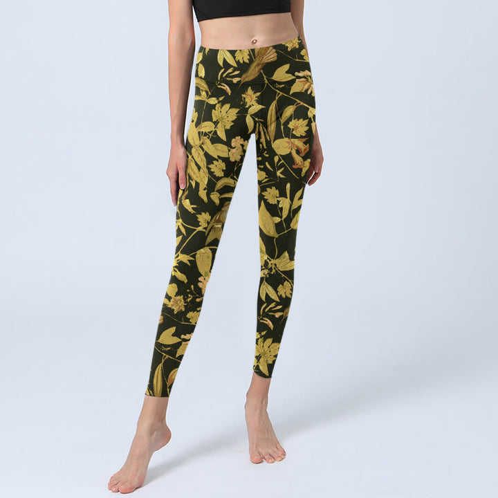 Buddha Stones Luxurious Flower Leaf Bird Pattern Print Gym Leggings Women's Yoga Pants - image 5