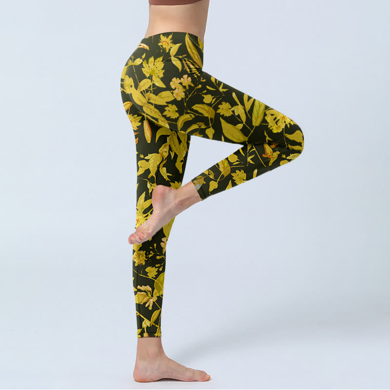 Buddha Stones Luxurious Flower Leaf Bird Pattern Print Gym Leggings Women's Yoga Pants - image 3