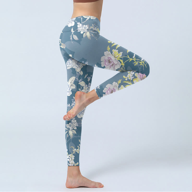 Buddha Stones Softly Colored Flower Leaf Pattern Print Gym Leggings Women's Yoga Pants - image 3