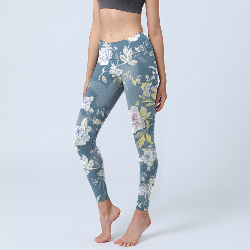 Buddha Stones Softly Colored Flower Leaf Pattern Print Gym Leggings Women's Yoga Pants - SteelBlue - US18，UK/AU22，EU50 (4XL) - image 0