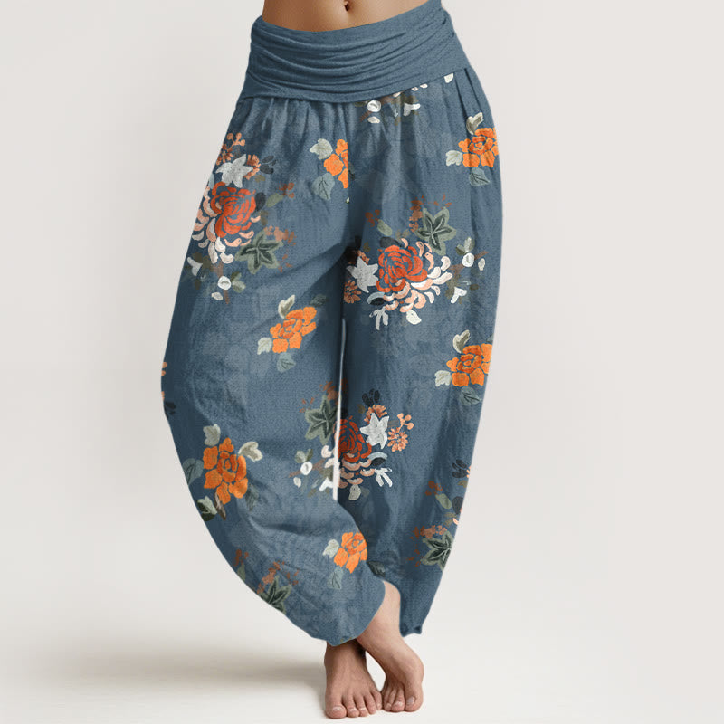 Buddha Stones Pure Cotton Vibrant Color Flowers Leaves Pattern Women's Elastic Waist Harem Pants - SteelBlue - US16，UK/AU20，EU48 (3XL) - image 0