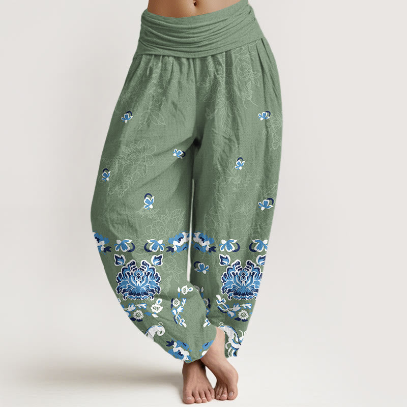 Buddha Stones Pure Cotton Elegant Classic Flower Butterfly Pattern Women's Elastic Waist Harem Pants - MediumSeaGreen - US16，UK/AU20，EU48 (3XL) - image 5