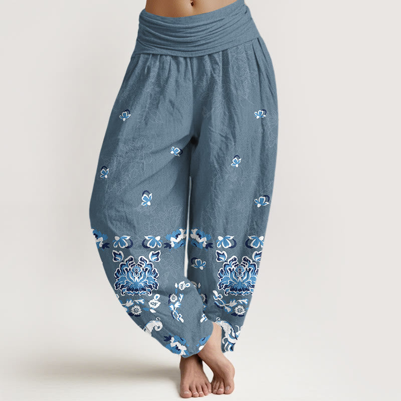 Buddha Stones Pure Cotton Elegant Classic Flower Butterfly Pattern Women's Elastic Waist Harem Pants - SteelBlue - US16，UK/AU20，EU48 (3XL) - image 8