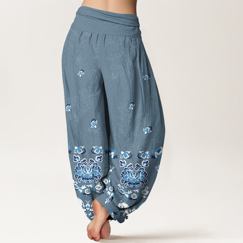 Buddha Stones Pure Cotton Elegant Classic Flower Butterfly Pattern Women's Elastic Waist Harem Pants - image 9