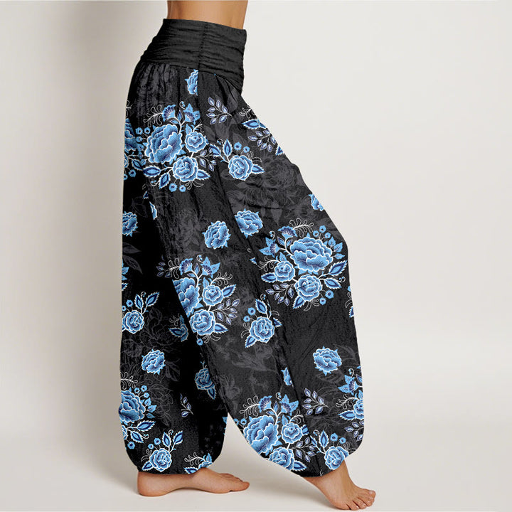 Buddha Stones Pure Cotton Blue Flower Pattern Women's Elastic Waist Harem Pants - image 2