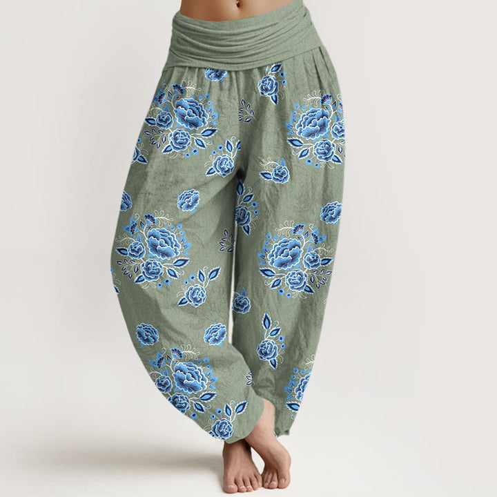Buddha Stones Pure Cotton Blue Flower Pattern Women's Elastic Waist Harem Pants - DarkSeaGreen - US16，UK/AU20，EU48 (3XL) - image 5
