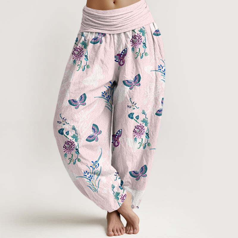 Buddha Stones Pure Cotton Fresh Elegant Butterfly Grass Flower Pattern Women's Elastic Waist Harem Pants - LavenderBlush - US16，UK/AU20，EU48 (3XL) - image 0