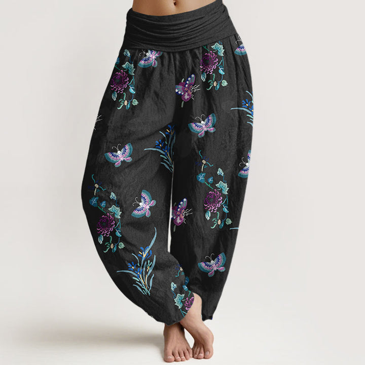 Buddha Stones Pure Cotton Fresh Elegant Butterfly Grass Flower Pattern Women's Elastic Waist Harem Pants - Black - US16，UK/AU20，EU48 (3XL) - image 5