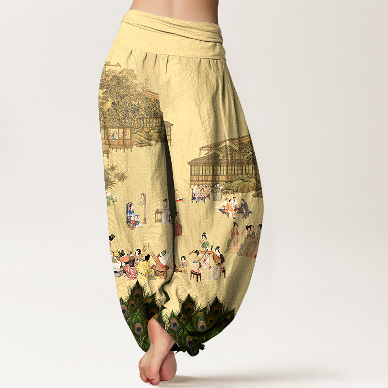 Buddha Stones Pure Cotton Softly Colored People Buildings Peacock Feathers Trees Flowers Rocks Pattern Women's Elastic Waist Harem Pants - image 1