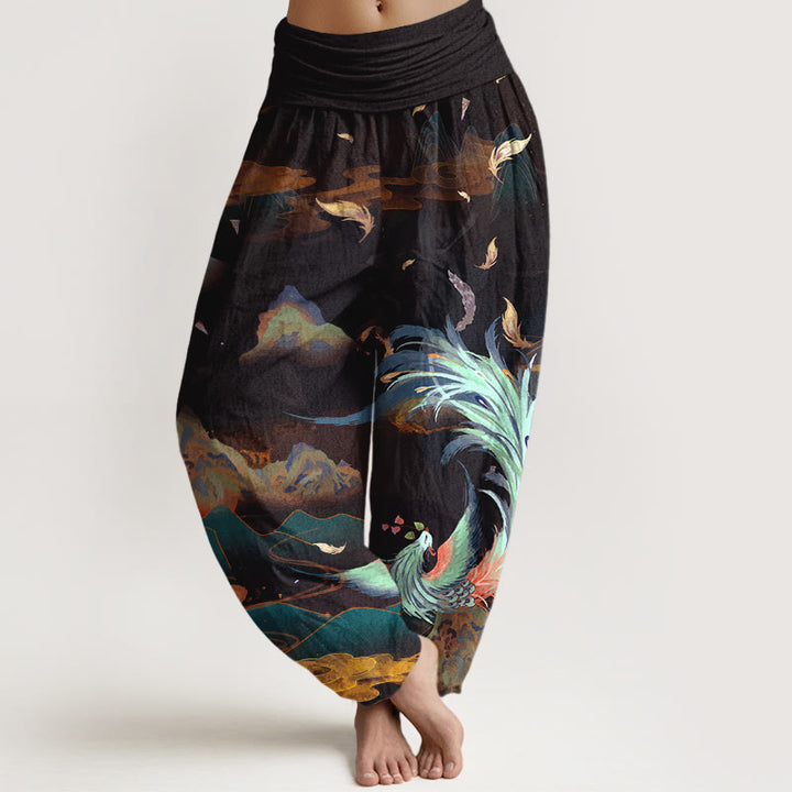 Buddha Stones Pure Cotton Gorgeous Phoenix Mountain Cloud Pattern Women's Elastic Waist Harem Pants - Black - US16，UK/AU20，EU48 (3XL) - image 5