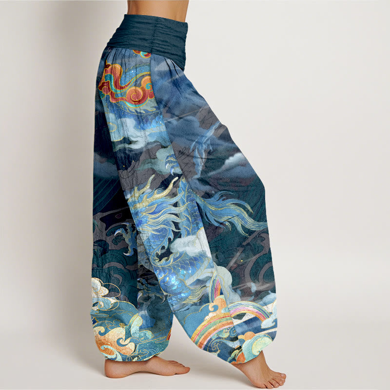 Buddha Stones Pure Cotton Gorgeous Dragon Cloud Rainbow Pattern Women's Elastic Waist Harem Pants - image 2