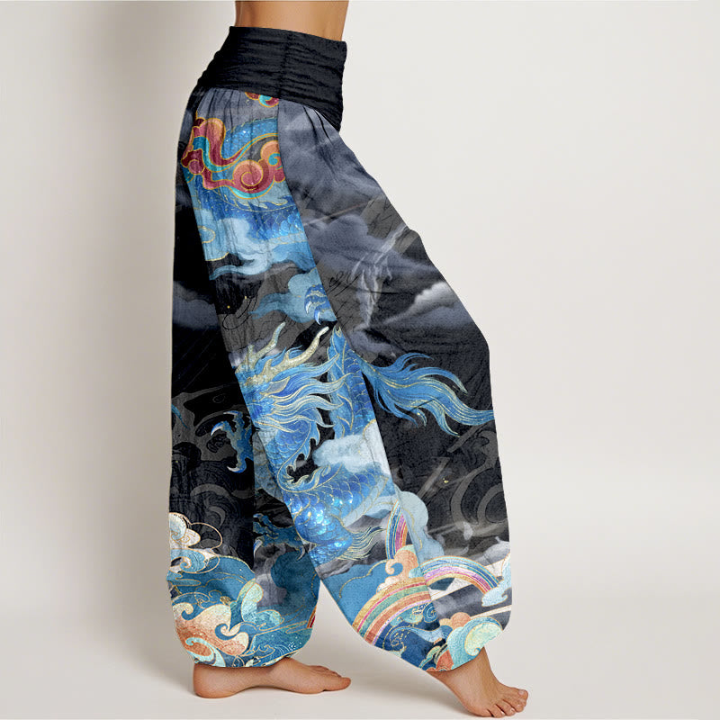 Buddha Stones Pure Cotton Gorgeous Dragon Cloud Rainbow Pattern Women's Elastic Waist Harem Pants - image 10
