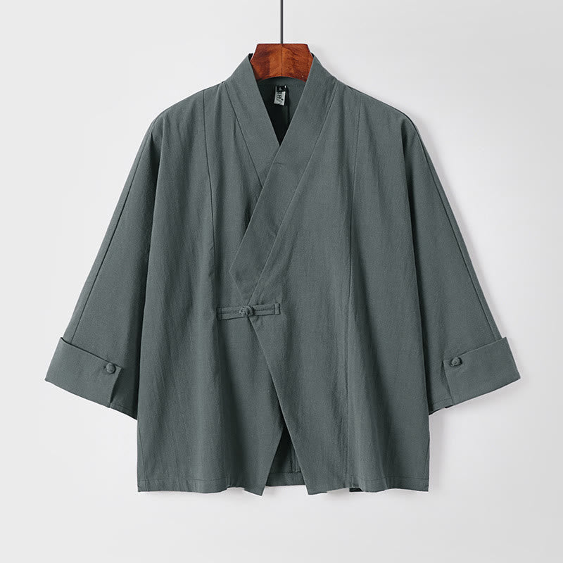 Buddha Stones Plain One Chinese Frog-Button Jacket Cotton Linen Men's Half Sleeve Kimono - CadetBlue - US/UK/AU54，EU64 (9XL) - image 1