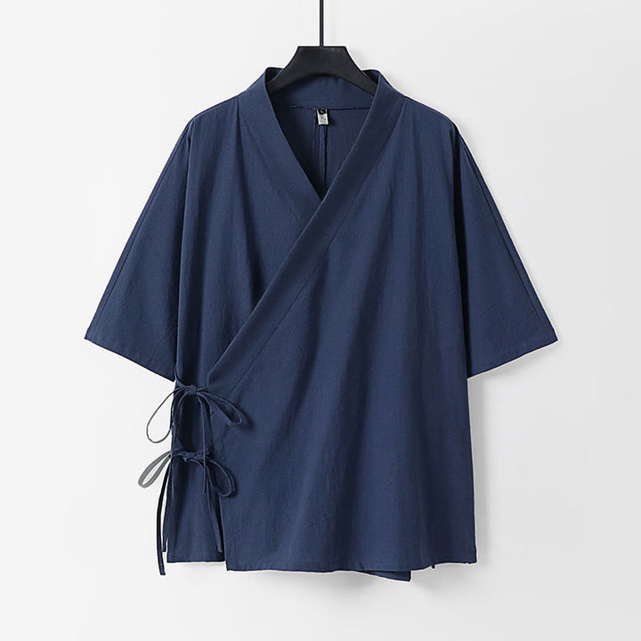 Buddha Stones Plain Lace-up Cotton Linen Men's Three Quarter Sleeve Kimono - SteelBlue - US/UK/AU54，EU64 (9XL) - image 10