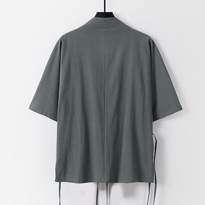 Buddha Stones Plain Lace-up Cotton Linen Men's Three Quarter Sleeve Kimono - image 1