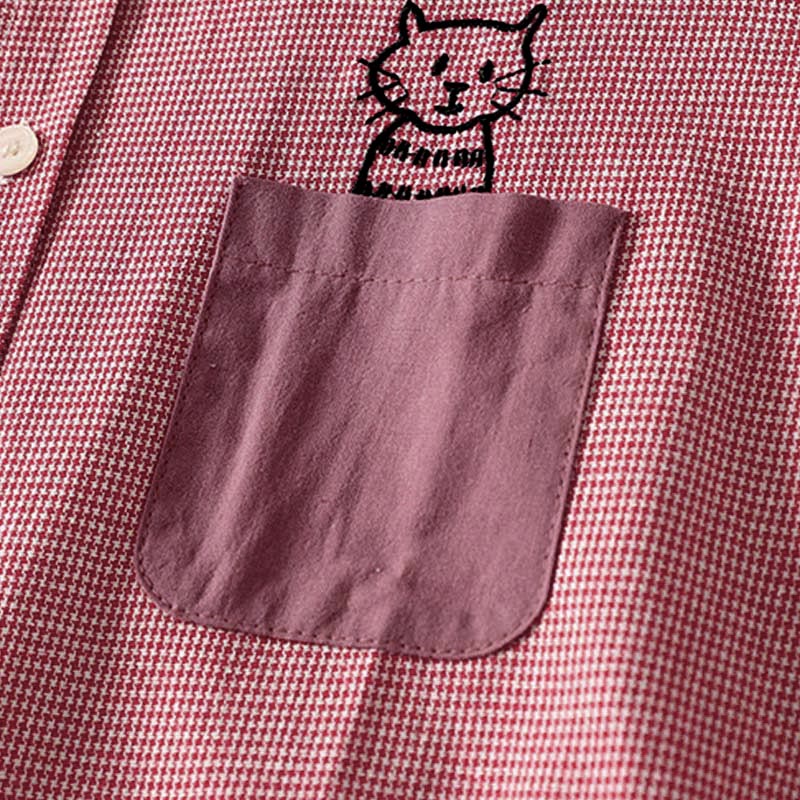 Buddha Stones Fall Cat Kitten Embroidery Plaid Stand Collar Buttons Down Design Women's Long Sleeve Shirt - image 10