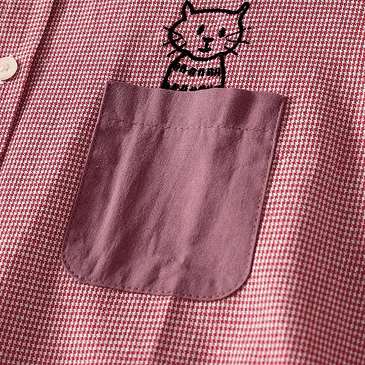 Buddha Stones Fall Cat Kitten Embroidery Plaid Stand Collar Buttons Down Design Women's Long Sleeve Shirt - image 10