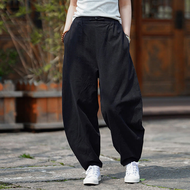 Buddha Stones Summer Plain One Chinese Frog-Button Straight Leg Design Men's Cotton Linen Pants With Pockets - Black - US/UK/AU46，EU56 (5XL) - image 17