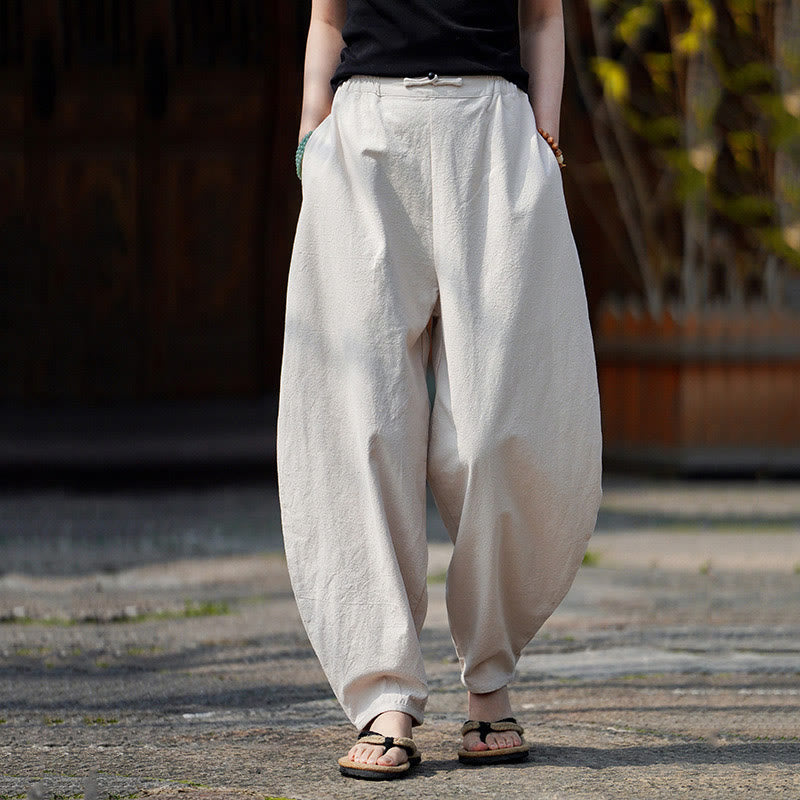 Buddha Stones Summer Plain One Chinese Frog-Button Straight Leg Design Men's Cotton Linen Pants With Pockets - Beige - US/UK/AU46，EU56 (5XL) - image 0
