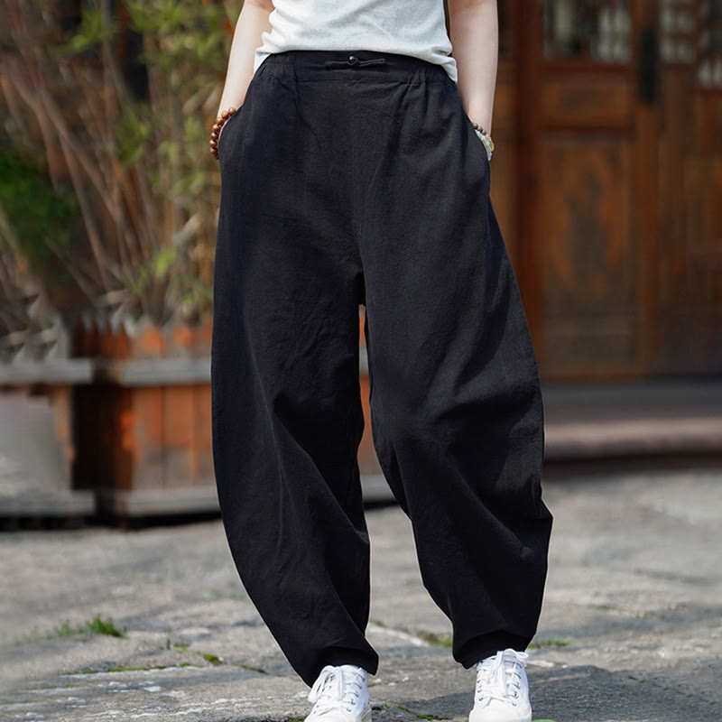 Buddha Stones Summer Plain One Chinese Frog-Button Straight Leg Design Men's Cotton Linen Pants With Pockets - image 23