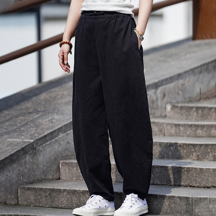 Buddha Stones Summer Plain One Chinese Frog-Button Straight Leg Design Men's Cotton Linen Pants With Pockets - image 20