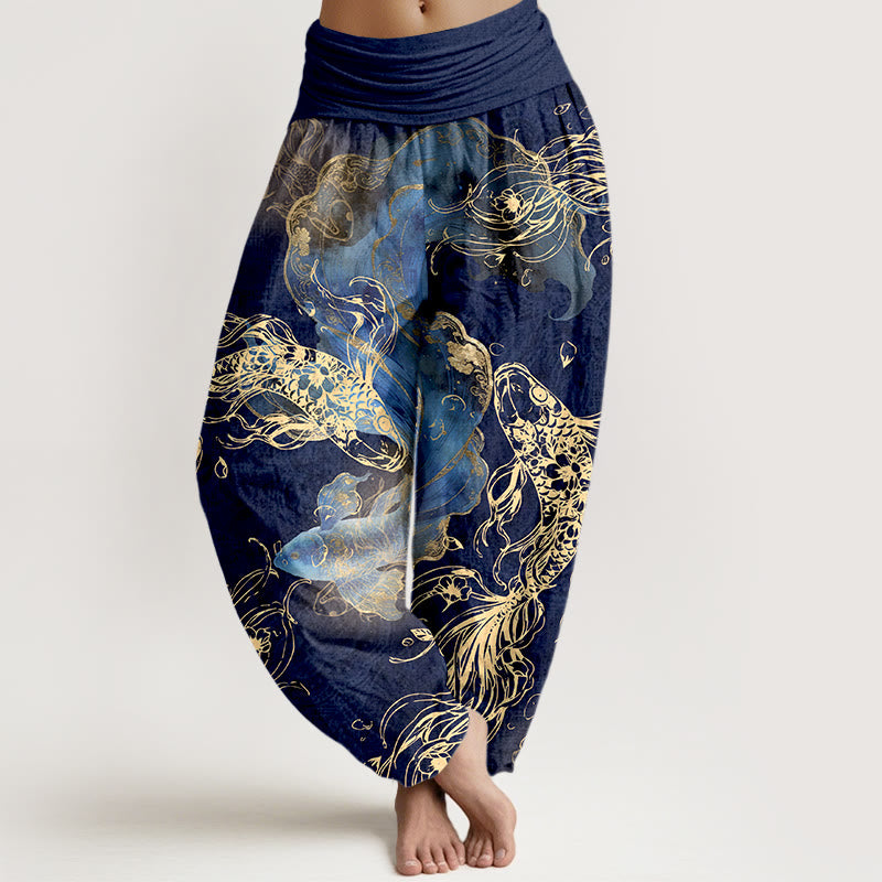 Buddha Stones Pure Cotton Lively Koi Fish Pattern Women's Elastic Waist Harem Pants - DarkBlue - US16，UK/AU20，EU48 (3XL) - image 0