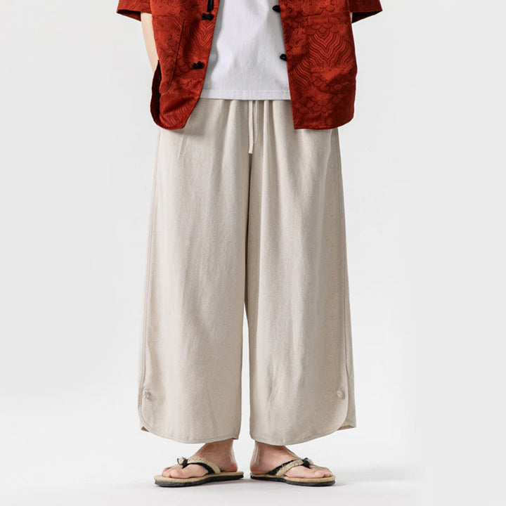 Buddha Stones Summer Plain Drawstring Design Linen Cotton Men's 7-8 Length Pants With Pockets - Beige - US/UK/AU46，EU56 (5XL) - image 1