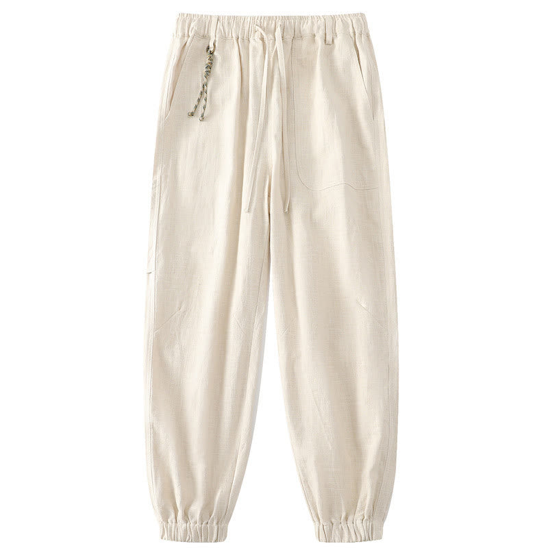 Buddha Stones Summer Ramie Linen Cotton Ankle-Length Elastic Cuffs Tapered Men's Pants With Pockets - Beige - US/UK/AU46，EU56 (5XL) - image 0
