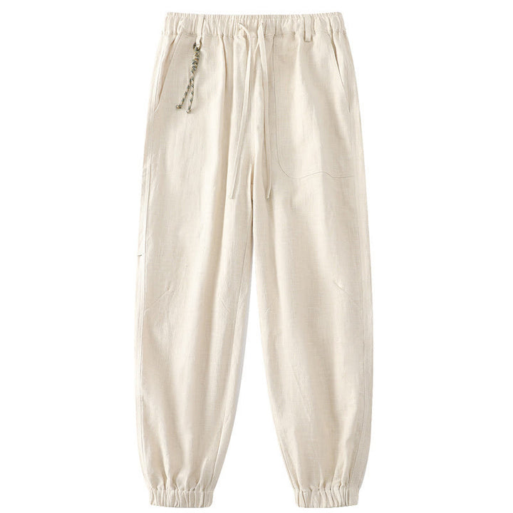 Buddha Stones Summer Ramie Linen Cotton Ankle-Length Elastic Cuffs Tapered Men's Pants With Pockets - Beige - US/UK/AU46，EU56 (5XL) - image 0