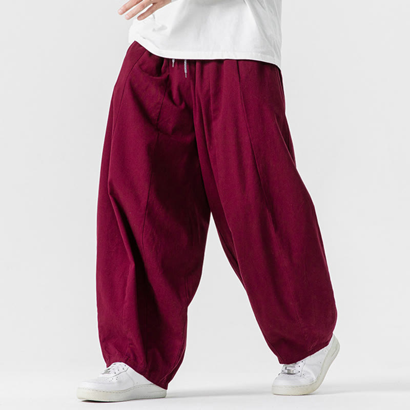 Buddha Stones Fall Solid Color Cotton Elastic Waist Men's Harem Pants With Pockets - image 26