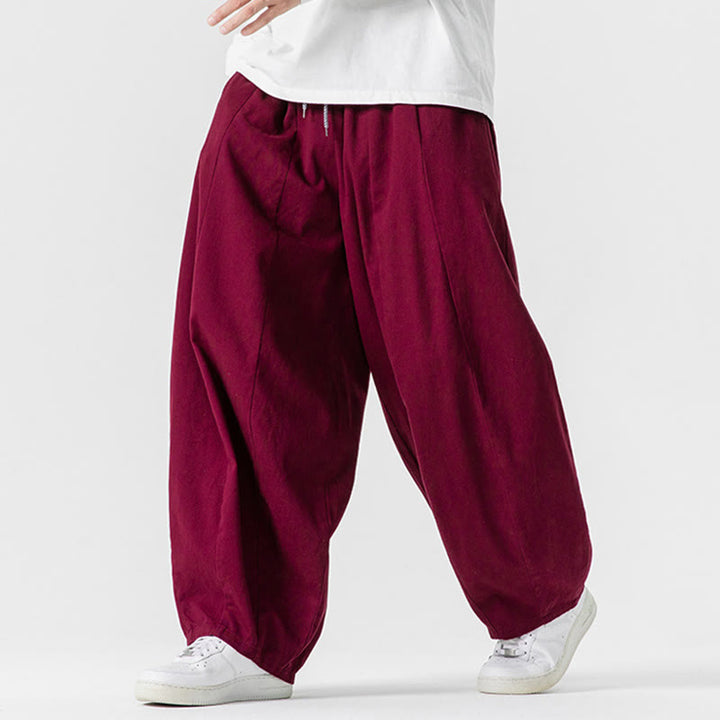 Buddha Stones Fall Solid Color Cotton Elastic Waist Men's Harem Pants With Pockets - image 26