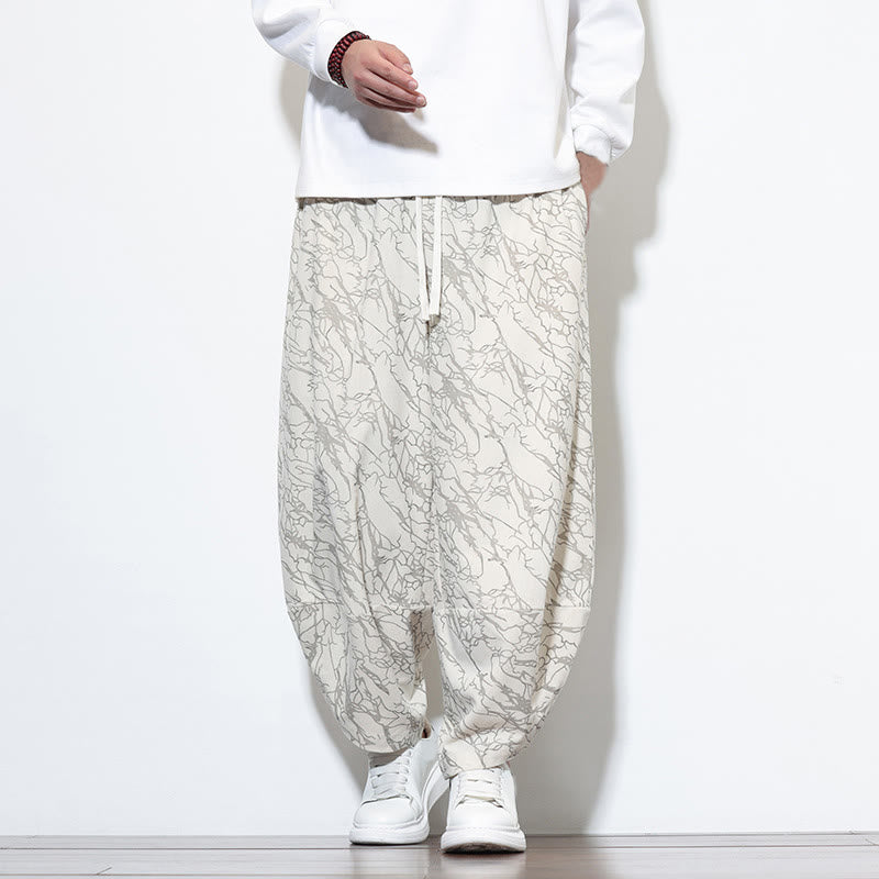 Buddha Stones Fall Textured Lines Print Cotton Elastic Waist Ankle-Length Men's Harem Pants With Pockets - White - US/UK/AU46，EU56 (5XL) - image 24