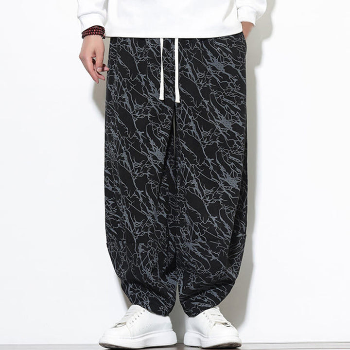 Buddha Stones Fall Textured Lines Print Cotton Elastic Waist Ankle-Length Men's Harem Pants With Pockets - image 13
