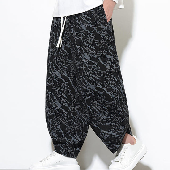 Buddha Stones Fall Textured Lines Print Cotton Elastic Waist Ankle-Length Men's Harem Pants With Pockets - image 15