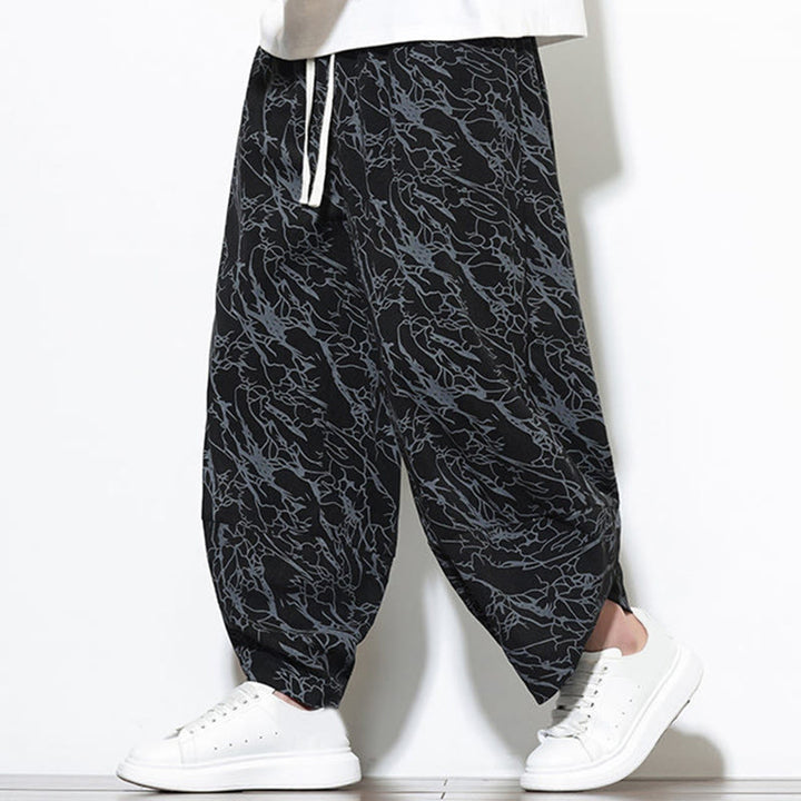 Buddha Stones Fall Textured Lines Print Cotton Elastic Waist Ankle-Length Men's Harem Pants With Pockets - image 9