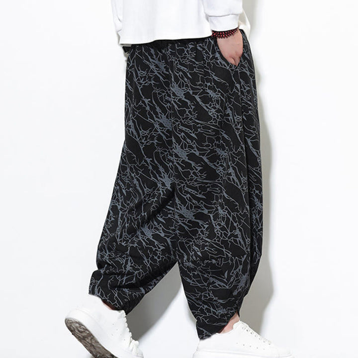 Buddha Stones Fall Textured Lines Print Cotton Elastic Waist Ankle-Length Men's Harem Pants With Pockets - image 11