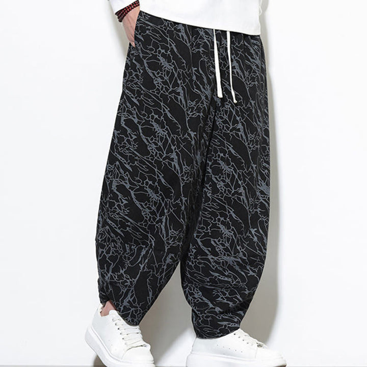 Buddha Stones Fall Textured Lines Print Cotton Elastic Waist Ankle-Length Men's Harem Pants With Pockets - image 14