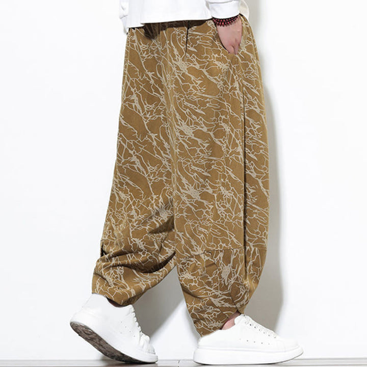 Buddha Stones Fall Textured Lines Print Cotton Elastic Waist Ankle-Length Men's Harem Pants With Pockets - image 19