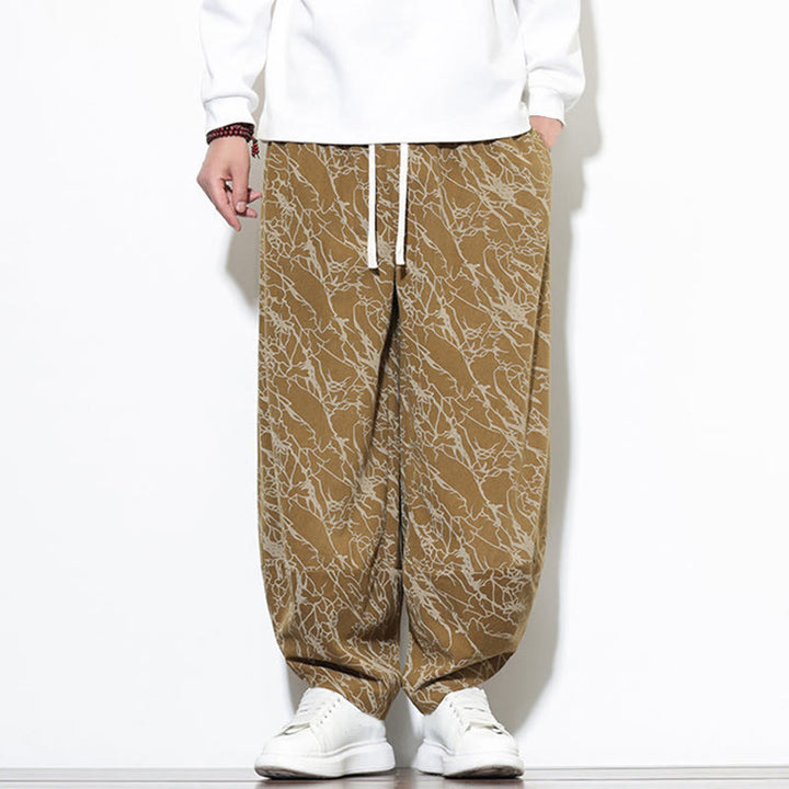Buddha Stones Fall Textured Lines Print Cotton Elastic Waist Ankle-Length Men's Harem Pants With Pockets - image 22