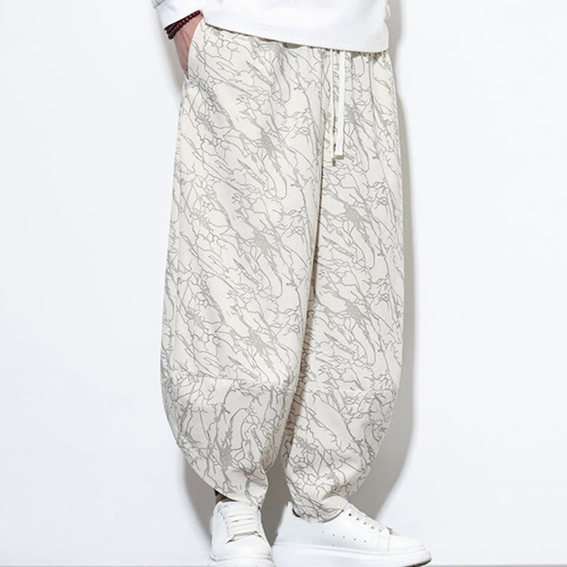 Buddha Stones Fall Textured Lines Print Cotton Elastic Waist Ankle-Length Men's Harem Pants With Pockets - image 26